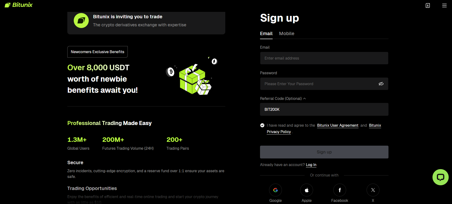 Bitunix Referral Bonus promotion showing the invite code for sign up rewards.